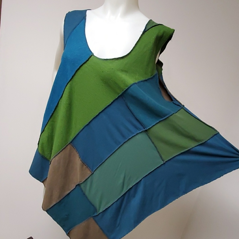 Pullover Sleeveless Razor Cut Patchwork Hemp Tuni… - image 2